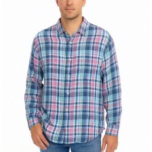 Tommy Bahama SZ L 100% Linen Romario Plaid Shirt Bering Blue $118